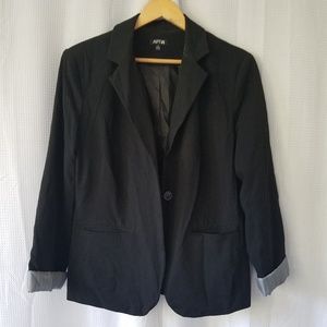 Black blazer with gray pinstripe cuffs